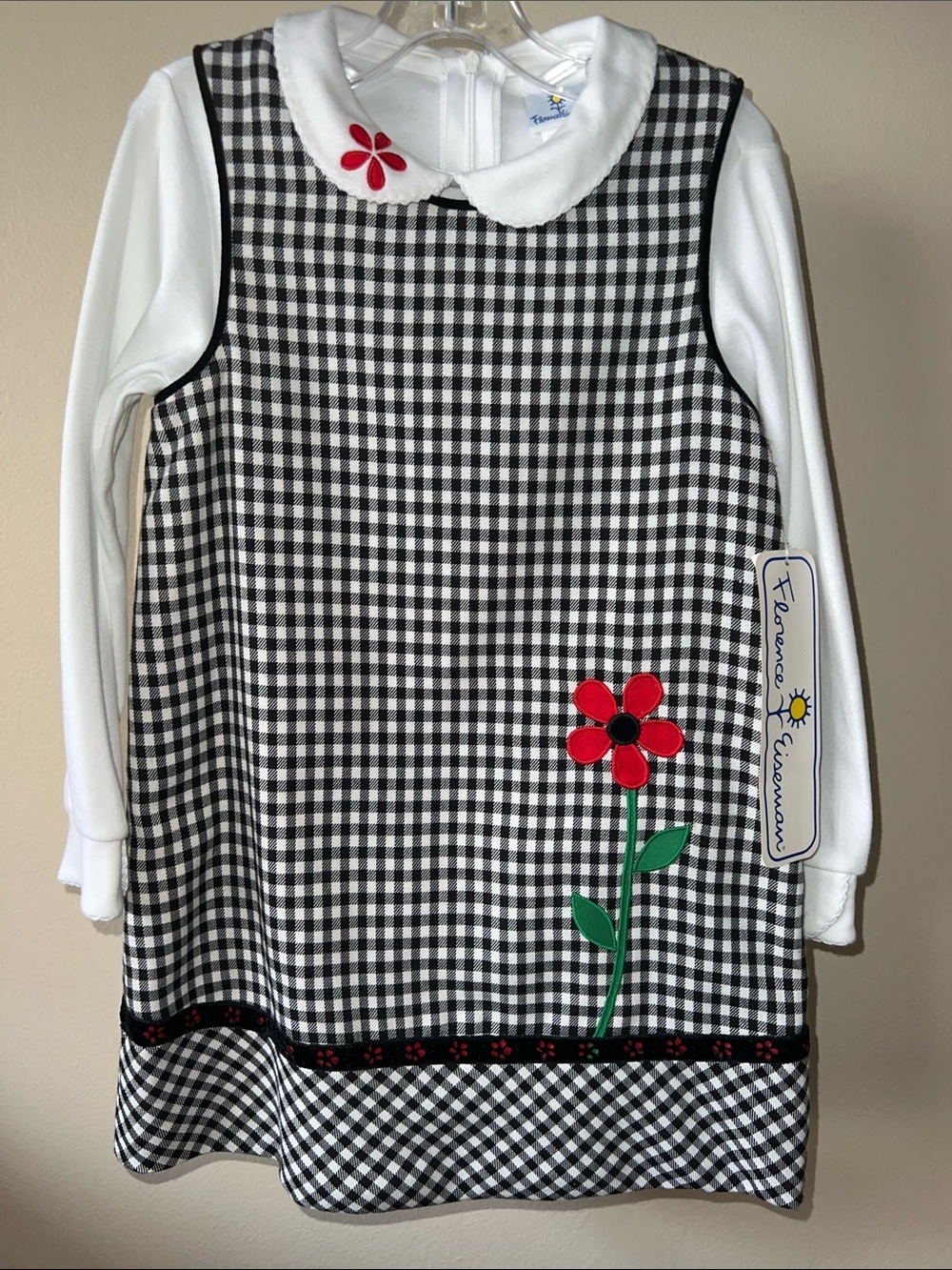 Classic Florence Eiseman Black & White Gingham Dress with Red Flower Appliqués